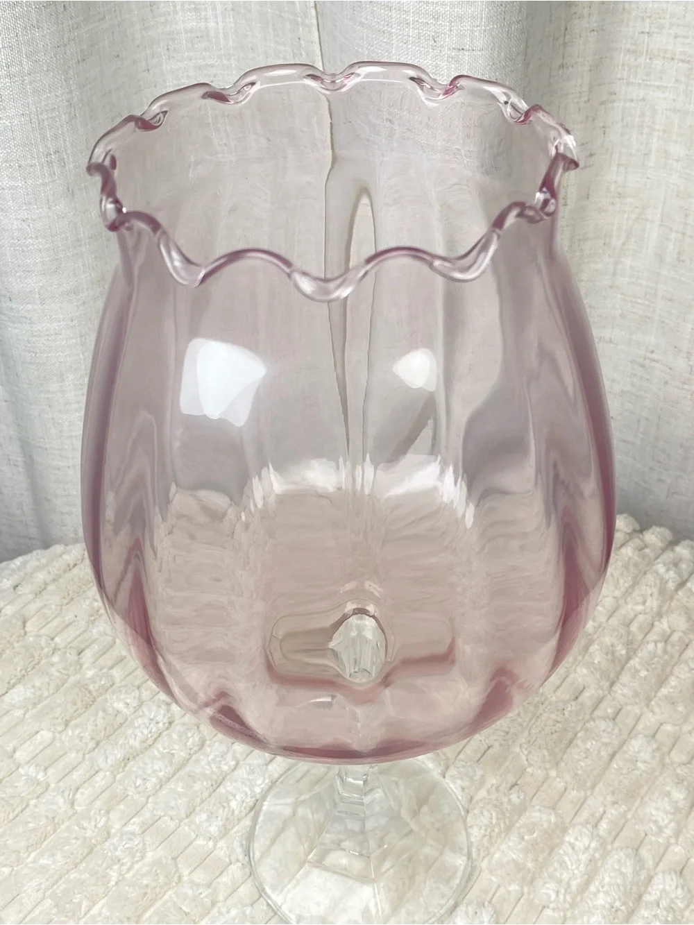 Vtg MCM Empoli Style Pink Optic Glass Goblet Vase Ruffled Brandy Snifter 11